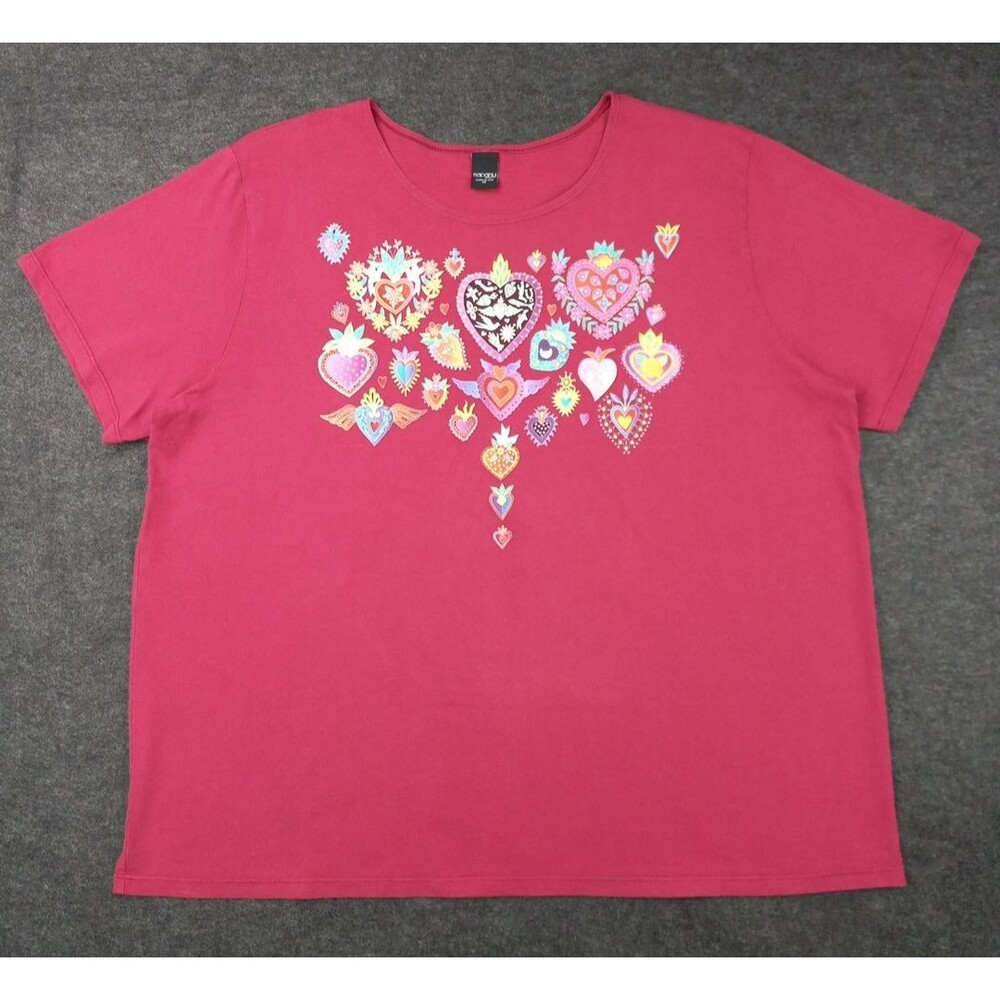 SABAKU Artwear Top 1X From the Heart Huipil Red Short Sleeve Birds Fish  Ethnic